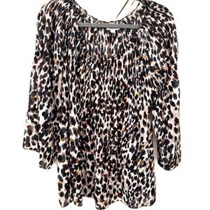 Floral &  Ivy Animal Print Blouse Size M Smocked Neck 3/4 Sleeve Flowy Top